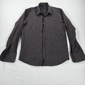 Boss Hugo Boss Striped‎ Long Sleeve Brown Button Up Shirt Men's Size Medium